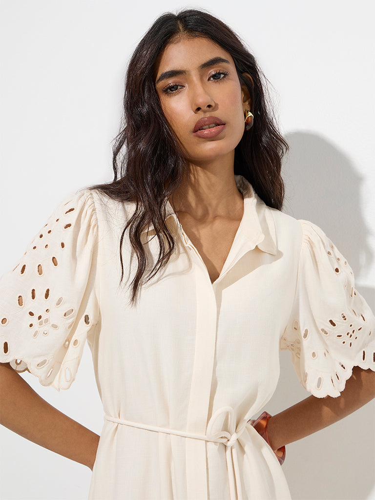 Westside LOV Women's Off-White Schiffli Detailed Shirt Dress with Belt for Casual Wear Zoomed View