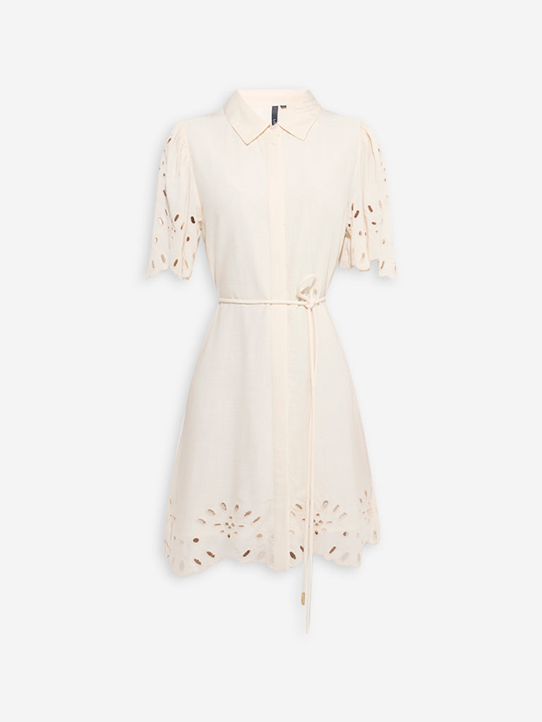Westside LOV Women's Off-White Schiffli Detailed Shirt Dress with Belt for Casual Wear Flatly