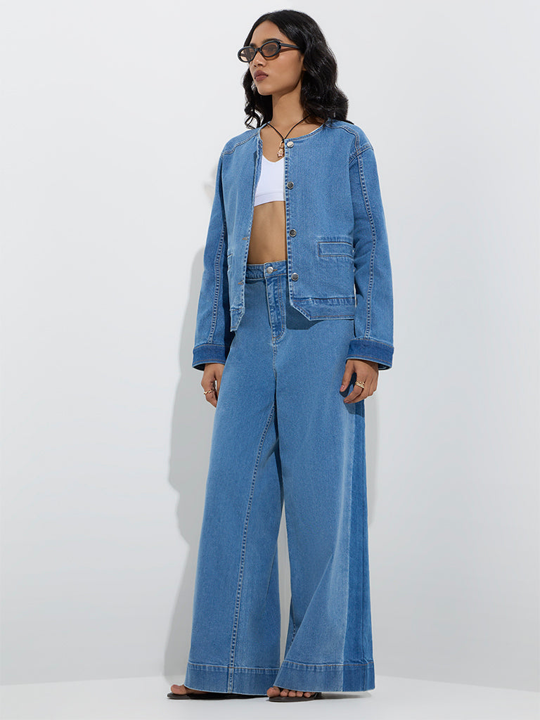 Modern Light Blue V Neck Oversized Cotton Denim Coats Spring