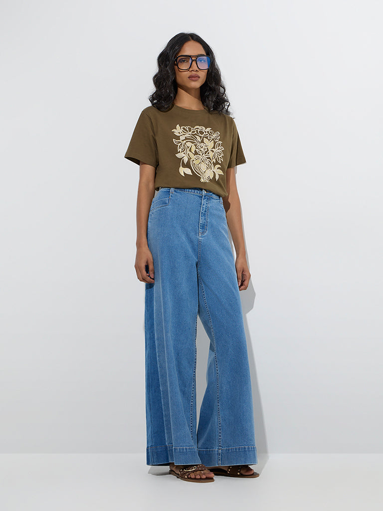 Westside LOV Women's Blue Wide-Leg High-Rise Jeans for Casual Wear Full Model View