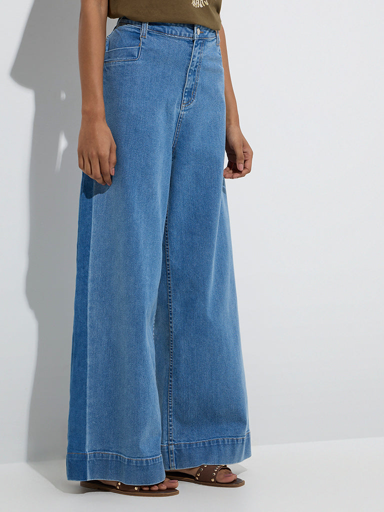 Westside LOV Women's Blue Wide-Leg High-Rise Jeans for Casual Wear Front View
