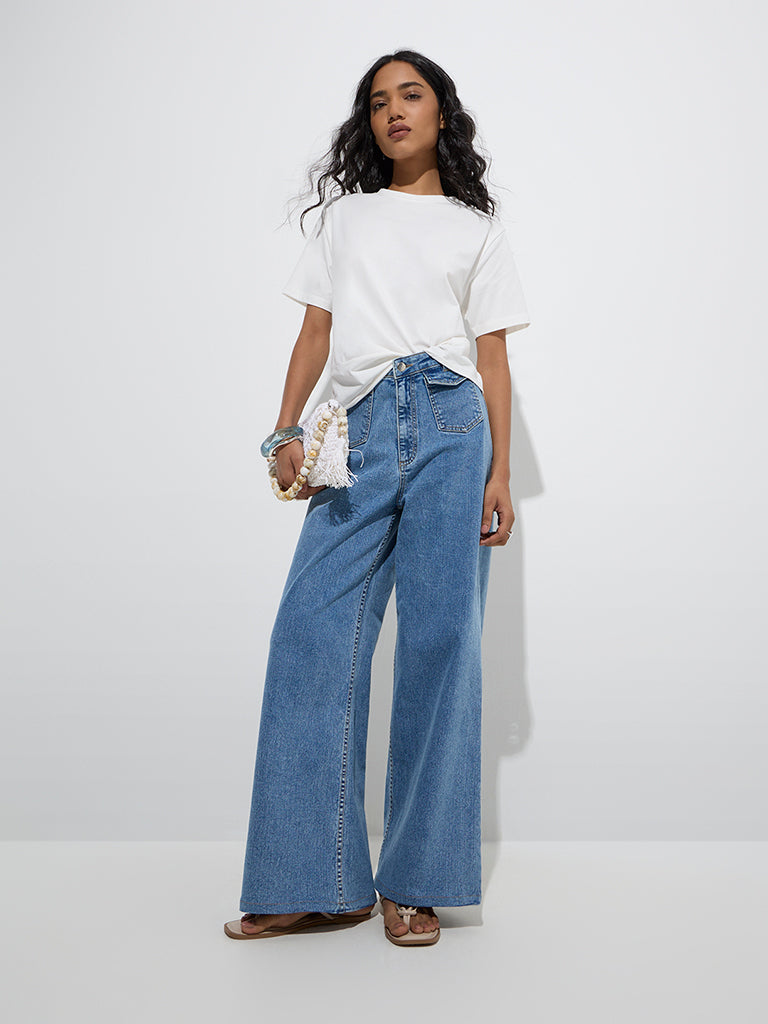 Westside LOV Women's Blue Wide-Leg Mid-Rise Jeans for Casual Wear Full Model View