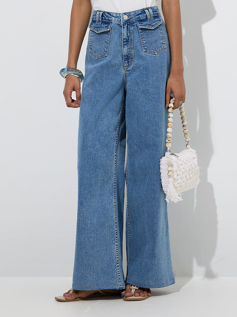 Westside LOV Women's Blue Wide-Leg Mid-Rise Jeans for Casual Wear Front View