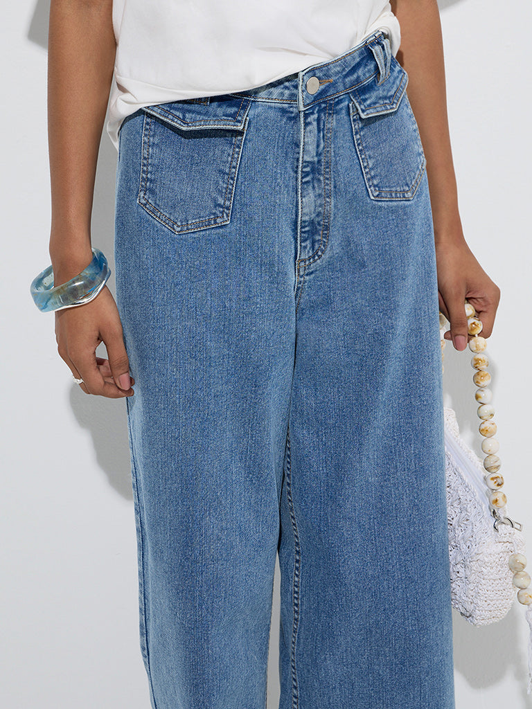 Westside LOV Women's Blue Wide-Leg Mid-Rise Jeans for Casual Wear Zoom View