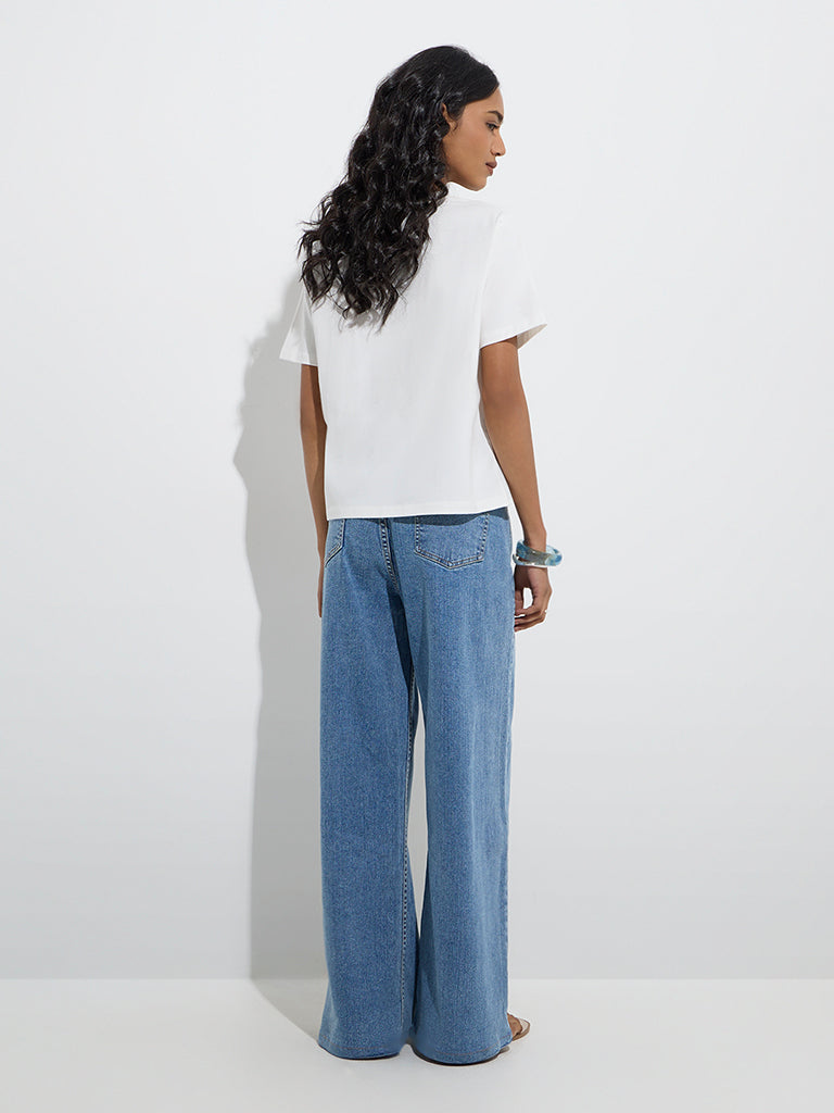 Westside LOV Women's Blue Wide-Leg Mid-Rise Jeans for Casual Wear Back View