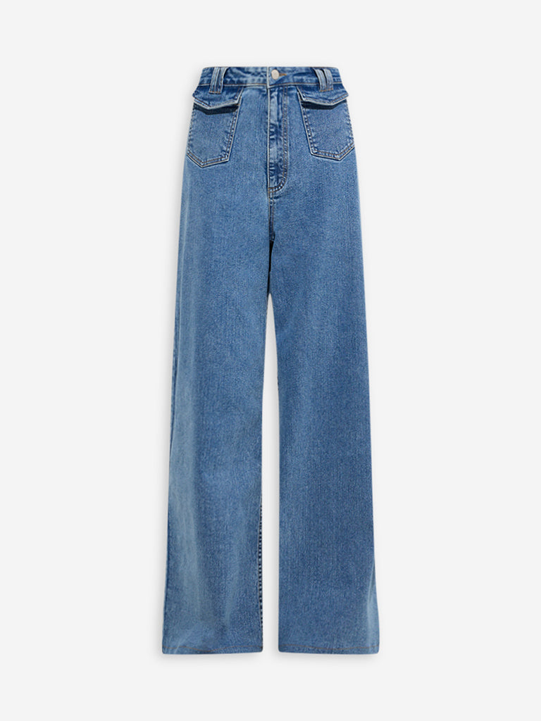 Westside LOV Women's Blue Wide-Leg Mid-Rise Jeans for Casual Wear Flatly View