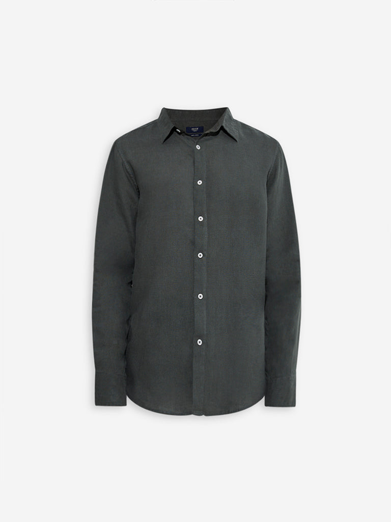 Westside Ascot Men's Olive Solid Relaxed-Fit Linen Shirt for Casual Wear Flatly View