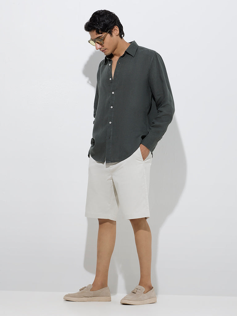 Westside Ascot Men's Olive Solid Relaxed-Fit Linen Shirt for Casual Wear Full Model View
