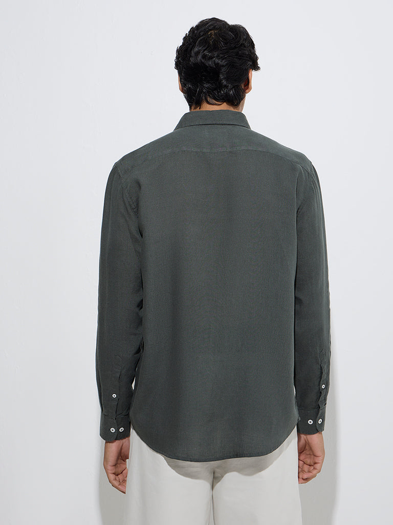 Westside Ascot Men's Olive Solid Relaxed-Fit Linen Shirt for Casual Wear Back View