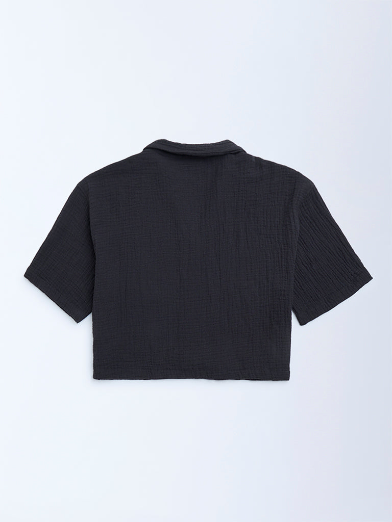Y&F Kids Black Crinkle-Textured Cotton Shirt