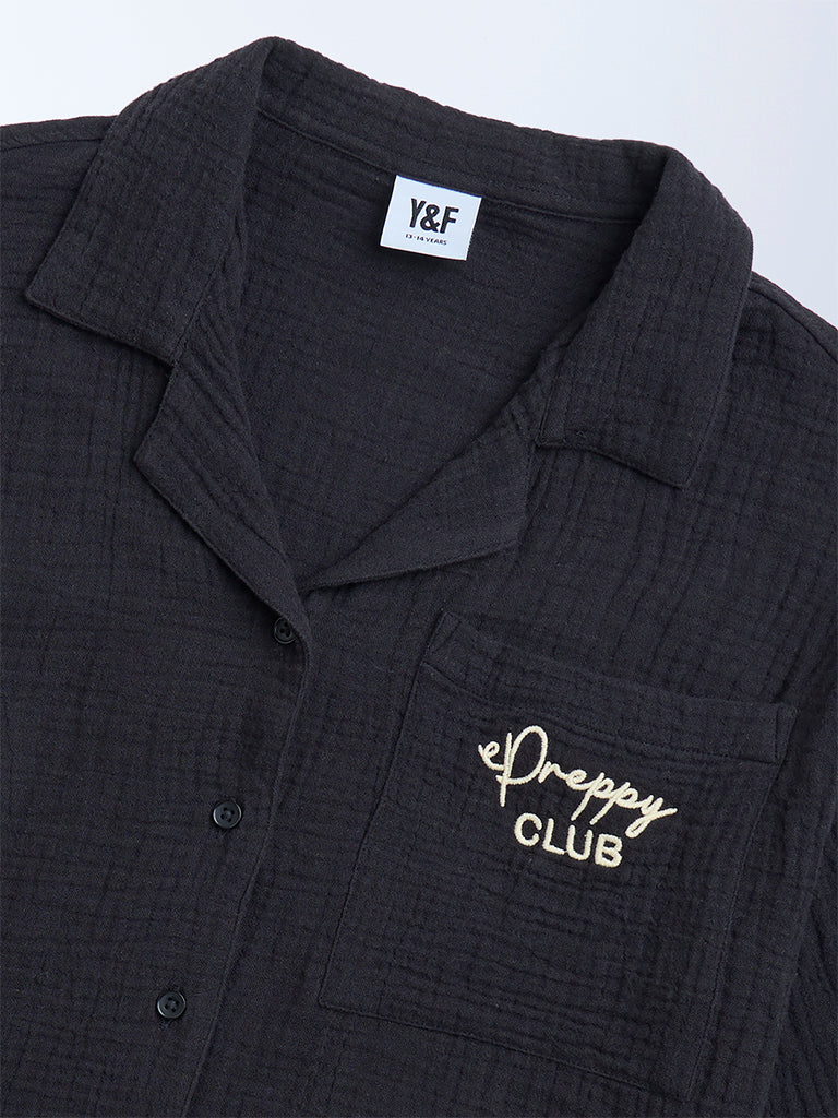 Y&F Kids Black Crinkle-Textured Cotton Shirt
