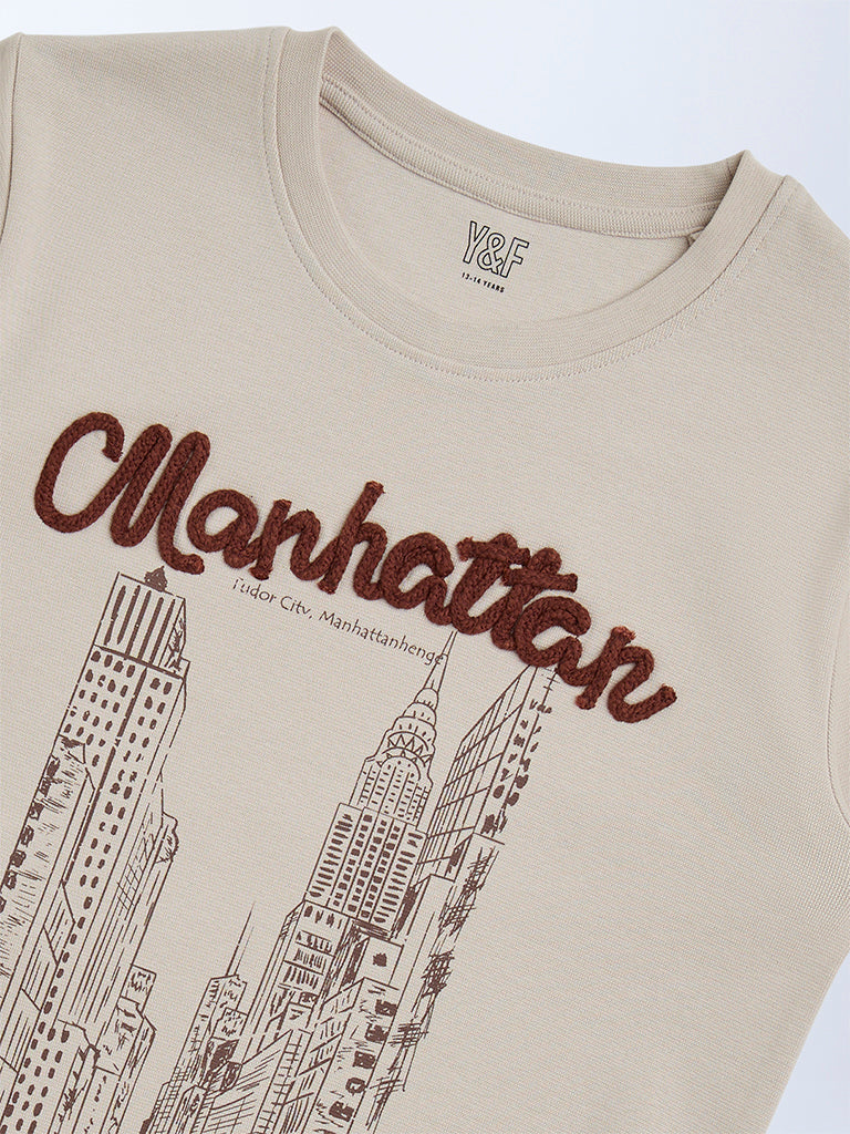 Westside Y&F Girl's Beige Cityscape-Inspired Cotton-Blend T-Shirt for Casual Wear Zoomed View