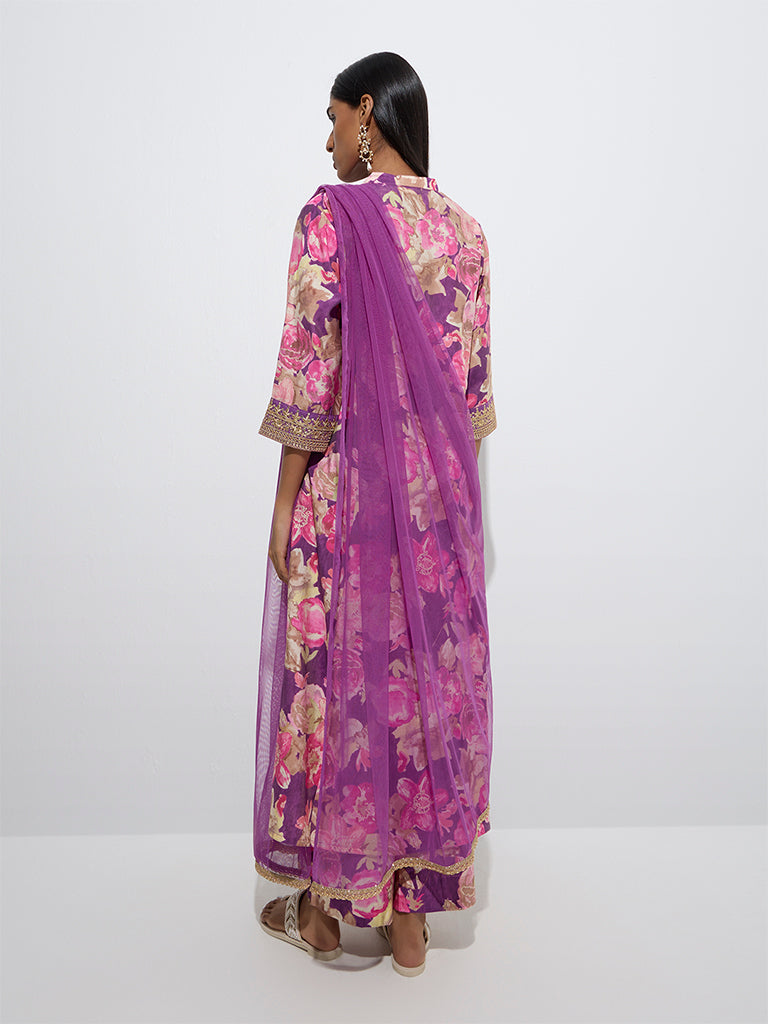 Westside Vark Women's Plum Floral Patterned A-Line Ethnic Set for Festive Wear Back View