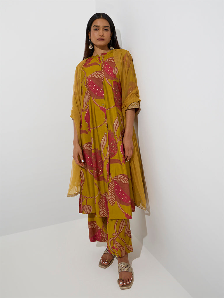 Westside Vark Women's Mustard Anar Printed A-Line Ethnic Set for Festival Wear Full View