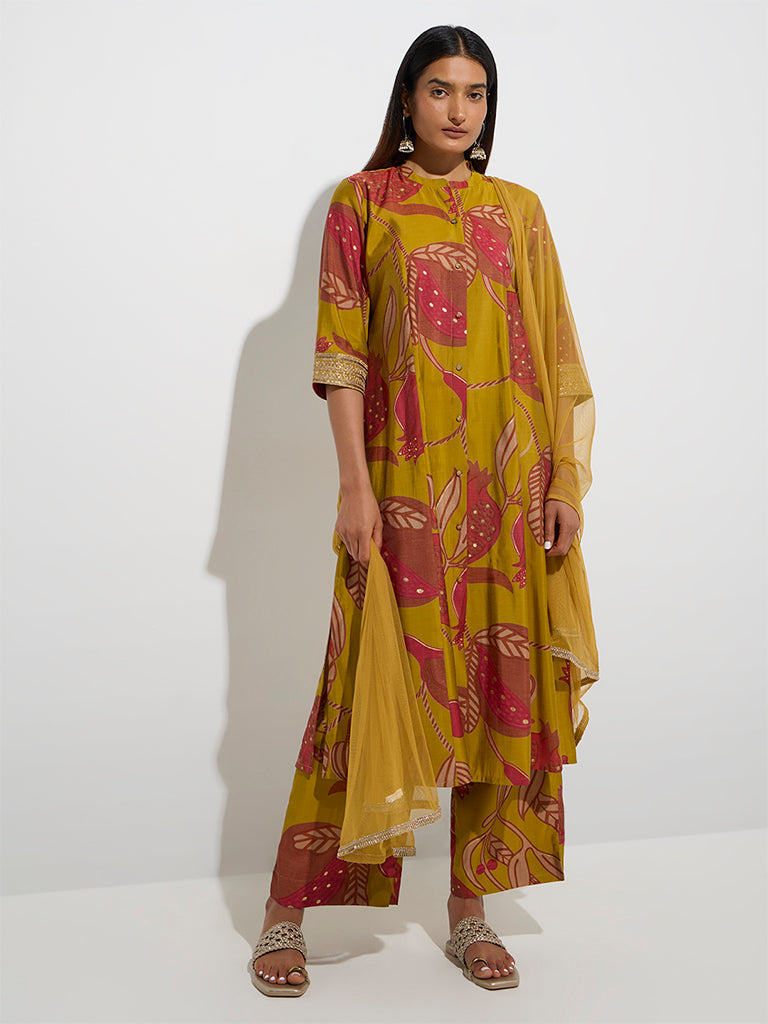 Westside Vark Women's Mustard Anar Printed A-Line Ethnic Set for Festival Wear Front view
