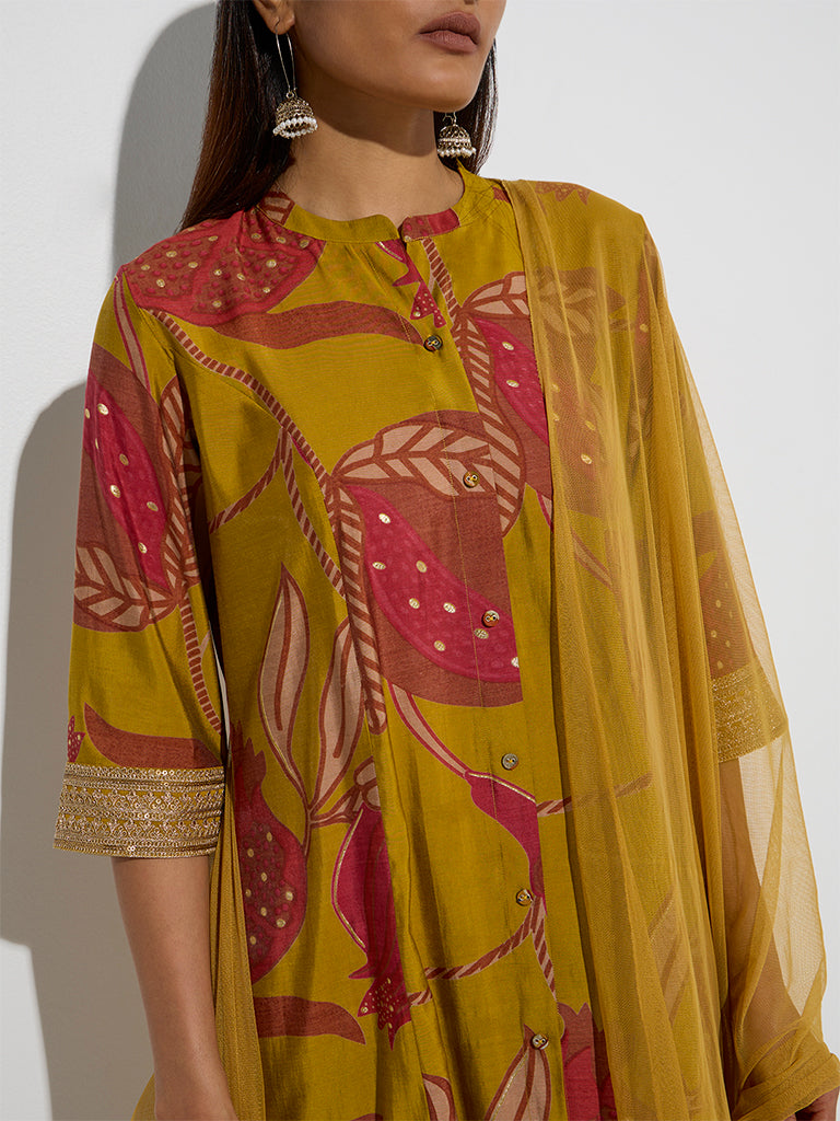 Westside Vark Women's Mustard Anar Printed A-Line Ethnic Set for Festival Wear Zoomed View
