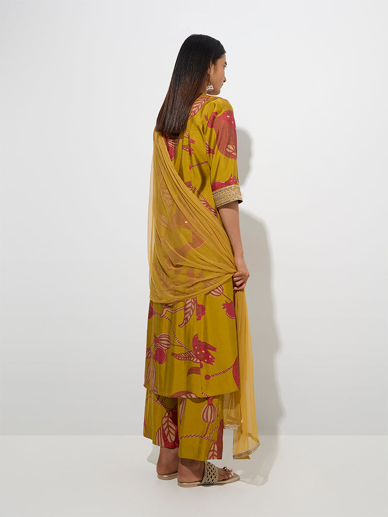 Westside Vark Women's Mustard Anar Printed A-Line Ethnic Set for Festival Wear Back View