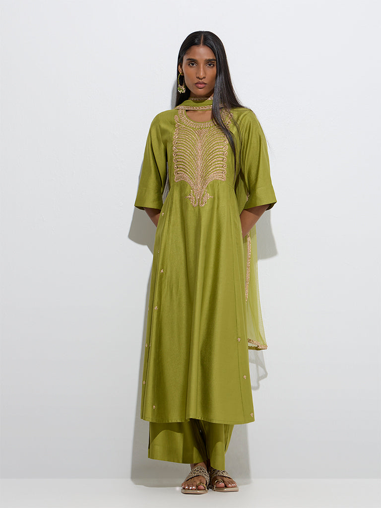 Vark Lime Embroidered A-Line Ethnic Set