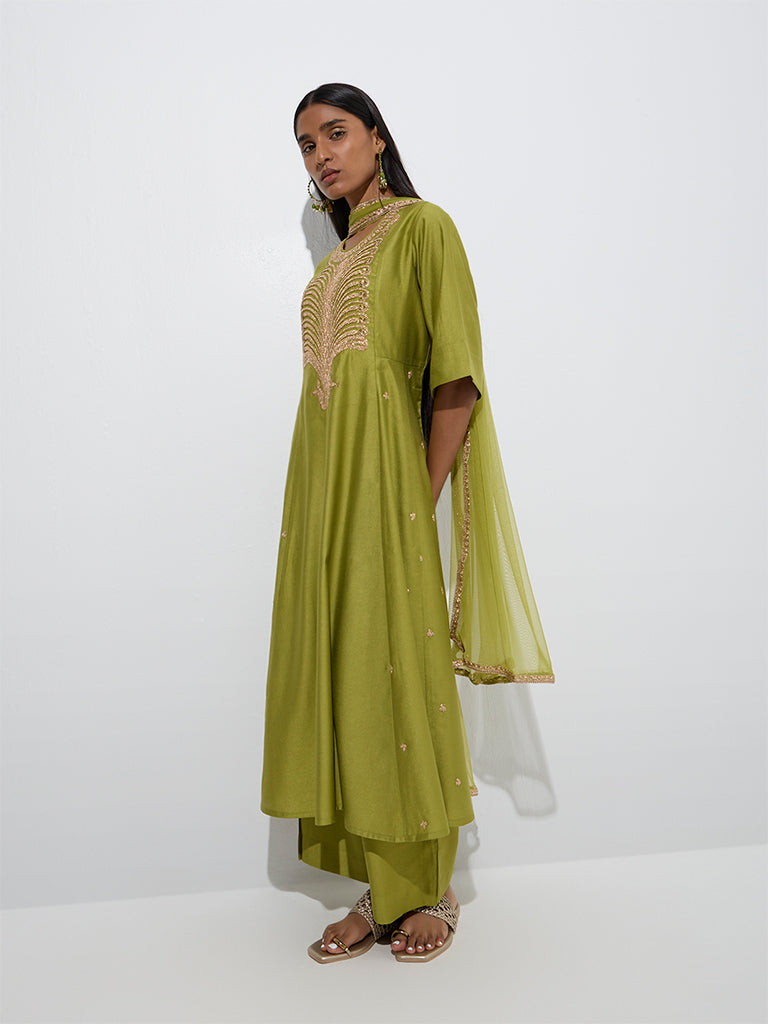 Vark Lime Embroidered A-Line Ethnic Set