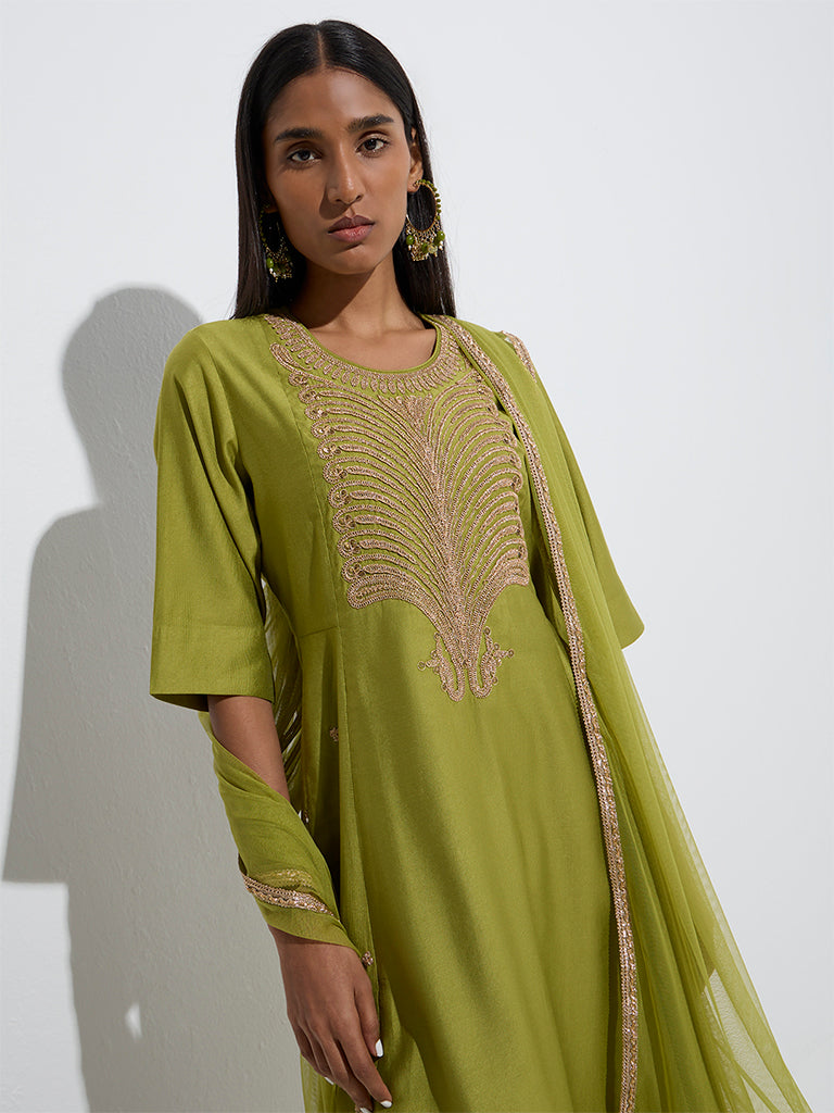 Vark Lime Embroidered A-Line Ethnic Set