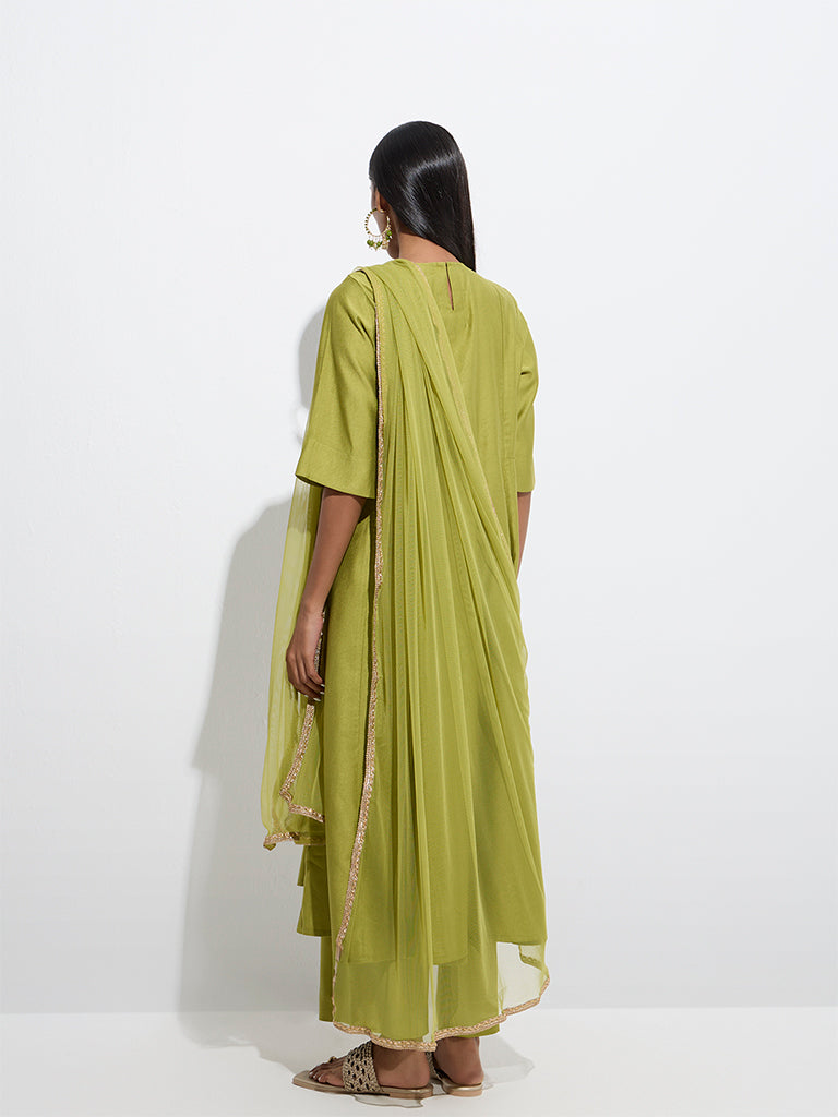 Vark Lime Embroidered A-Line Ethnic Set
