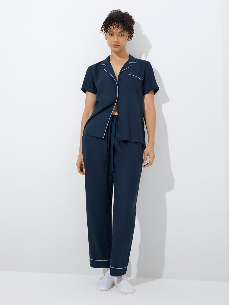 Westside Wunderlove Women's Navy Solid Shirt and Pyjamas Set for Casual Wear Front View