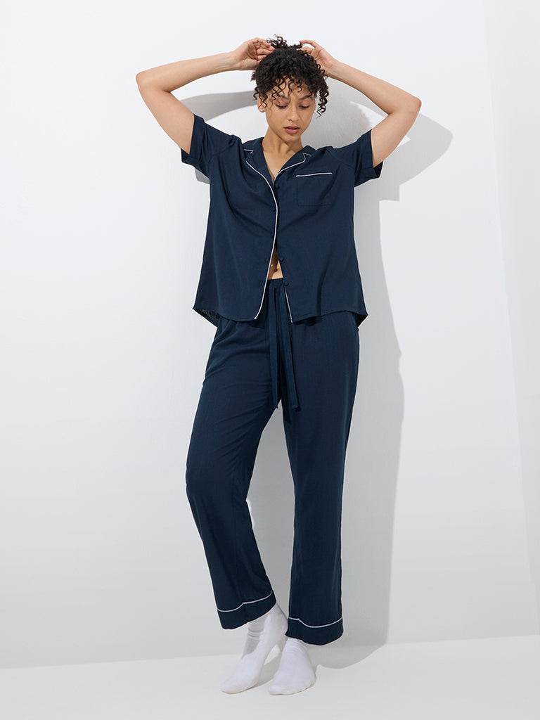 Westside Wunderlove Women's Navy Solid Shirt and Pyjamas Set for Casual Wear Full Model View