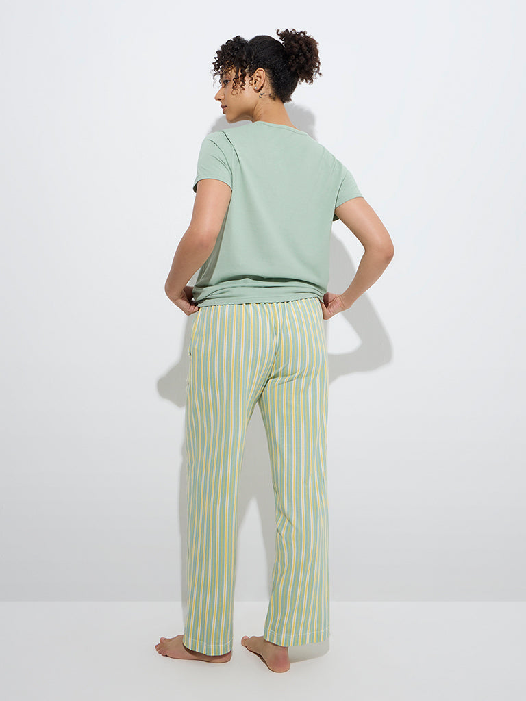 Wunderlove Green Stripe High-Rise Cotton Lounge Pants