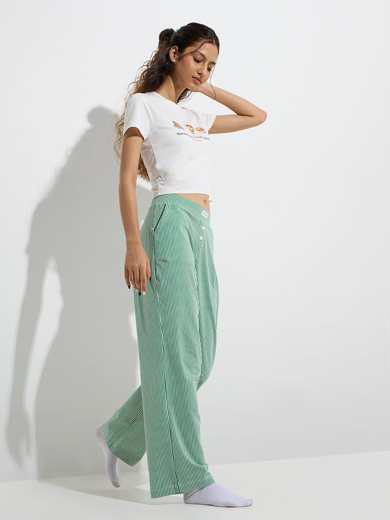 Westside Superstar Women's Green Striped High-Rise Cotton-Blend Pyjamas for Casual Wear Full Model View