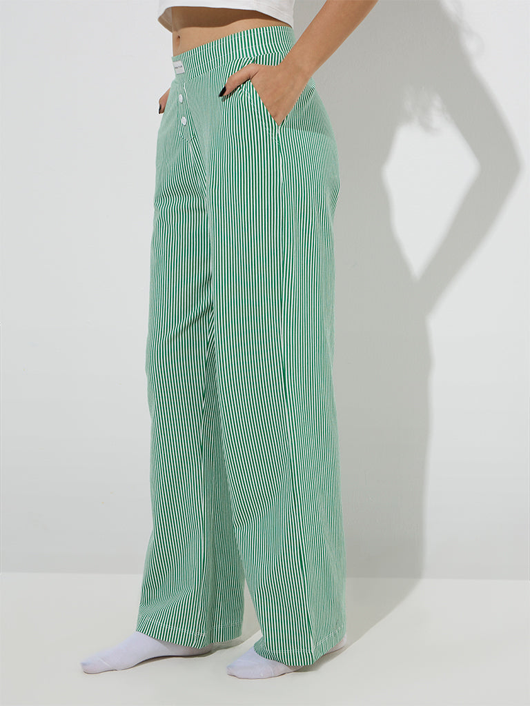 Westside Superstar Women's Green Striped High-Rise Cotton-Blend Pyjamas for Casual Wear Front View