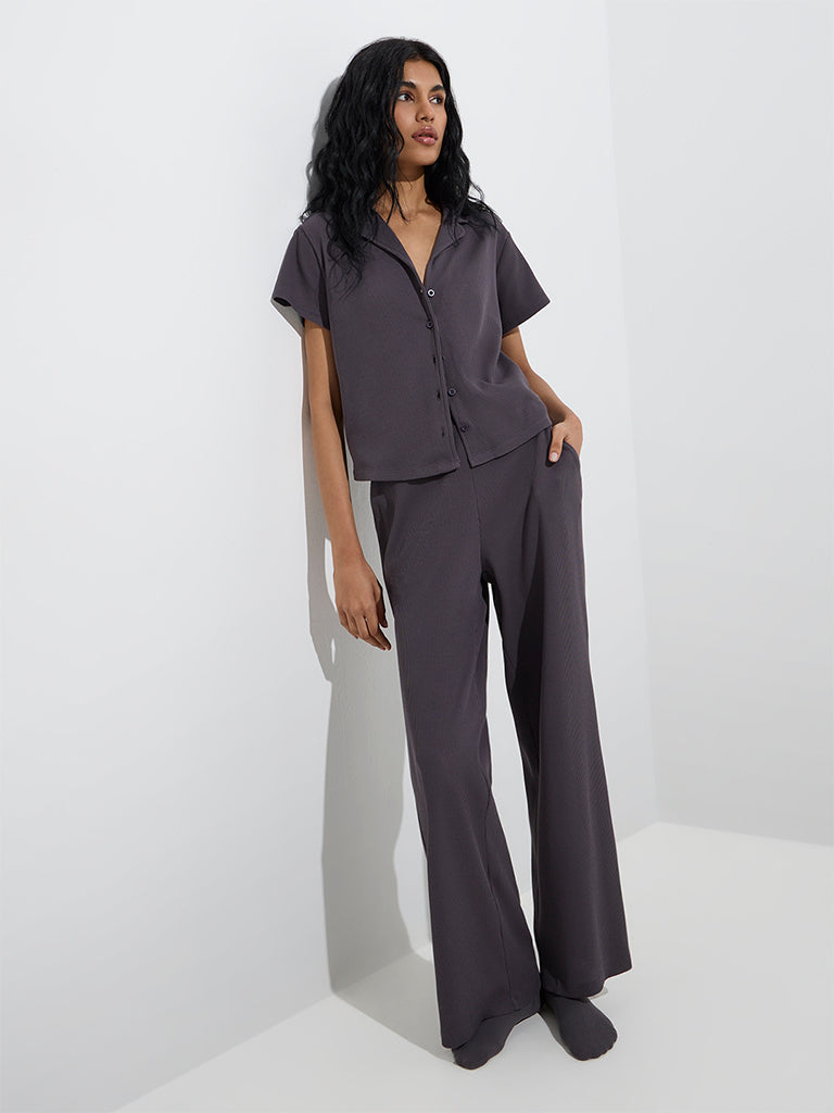 Westside Superstar Women's Charcoal Waffle-Textured Shirt for Casual Wear Full Model View