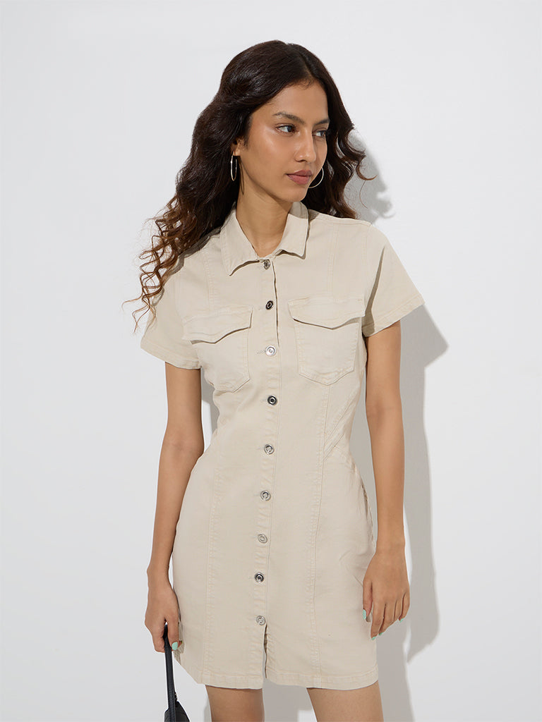 Westside Nuon Women's Beige Cotton-Blend Denim Shirt Dress for Casual Wear Front View