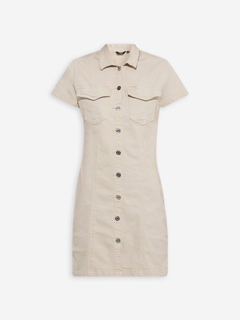 Westside Nuon Women's Beige Cotton-Blend Denim Shirt Dress for Casual Wear Flatly View