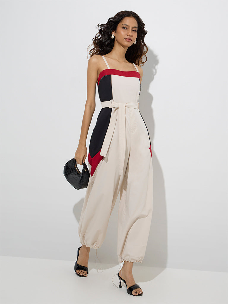 Westside Nuon Women's Off-White Cotton-Blend Jumpsuit with Belt for Casual Wear Full Model View