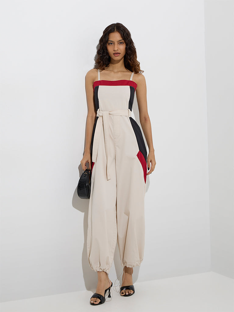 Westside Nuon Women's Off-White Cotton-Blend Jumpsuit with Belt for Casual Wear Front View