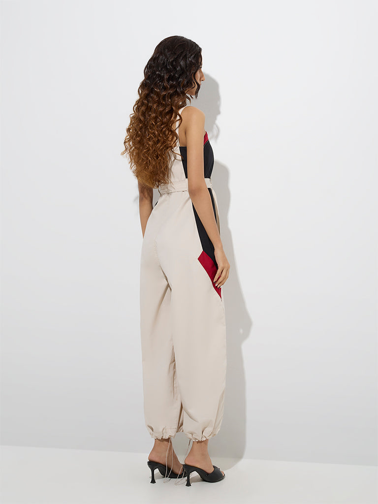 Westside Nuon Women's Off-White Cotton-Blend Jumpsuit with Belt for Casual Wear Back View