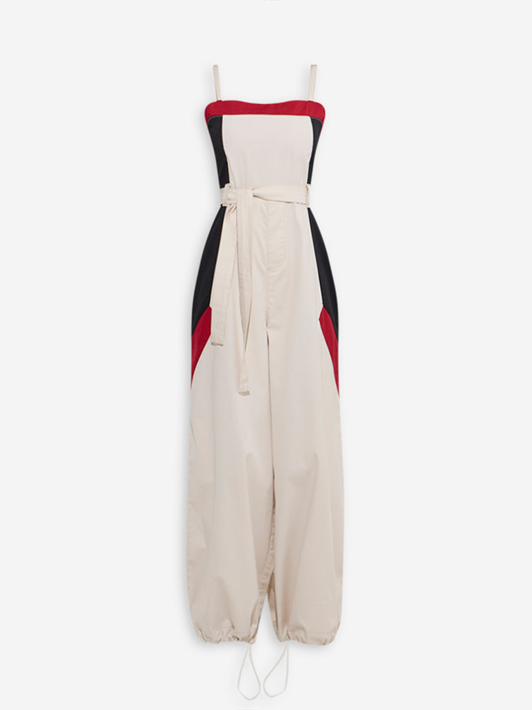 Westside Nuon Women's Off-White Cotton-Blend Jumpsuit with Belt for Casual Wear Flatly View
