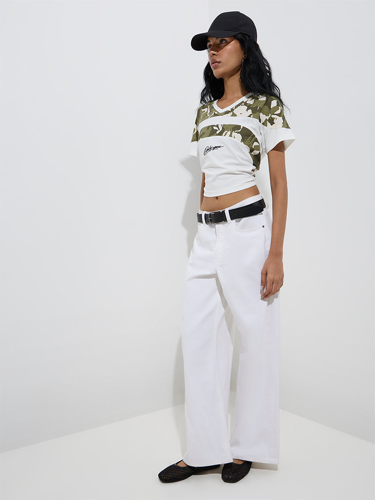 Westside Nuon Women's White Camouflage Detailed T-Shirt for Casual Wear Full View