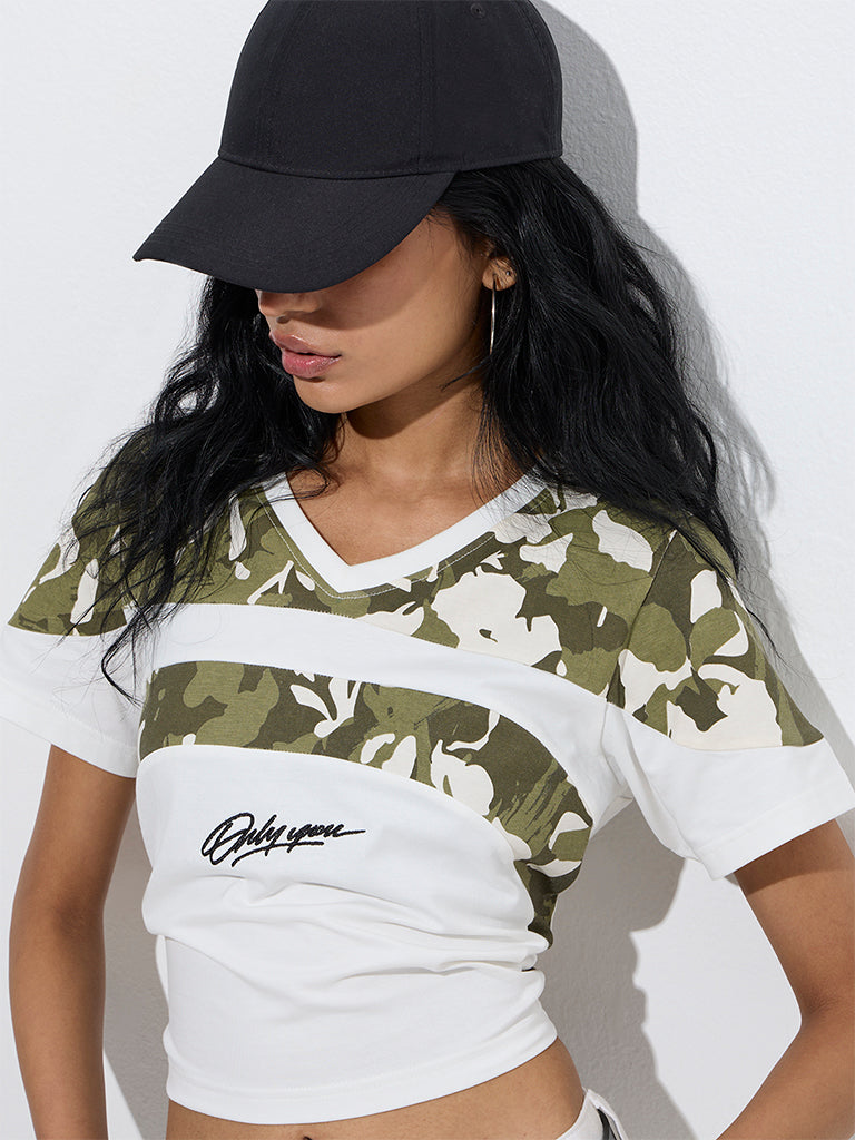 Westside Nuon Women's White Camouflage Detailed T-Shirt for Casual Wear Zoomed View