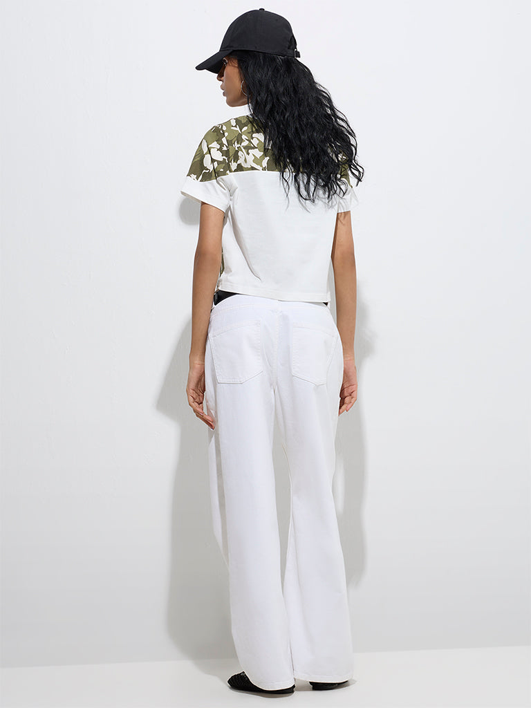 Westside Nuon Women's White Camouflage Detailed T-Shirt for Casual Wear Back View