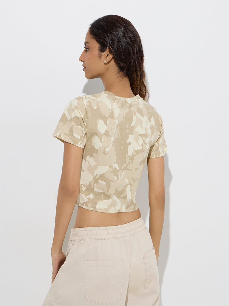 Westside Nuon Women's Beige Camouflage Design Cotton T-Shirt for Casual Wear Back View
