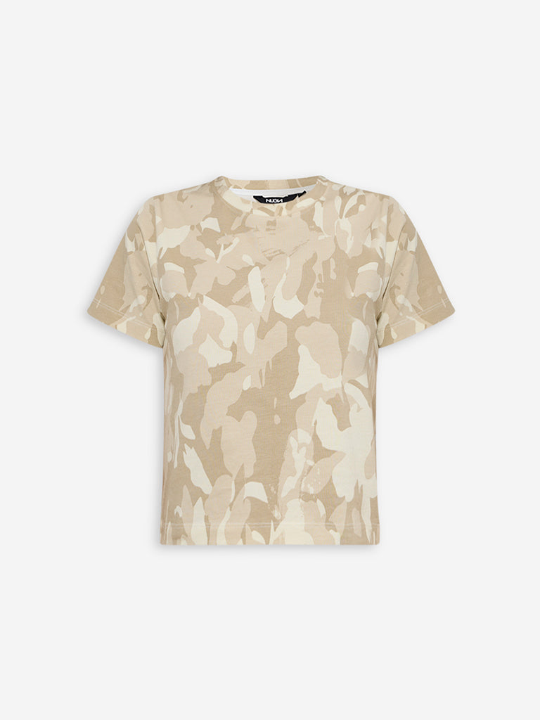 Westside Nuon Women's Beige Camouflage Design Cotton T-Shirt for Casual Wear Flatly View
