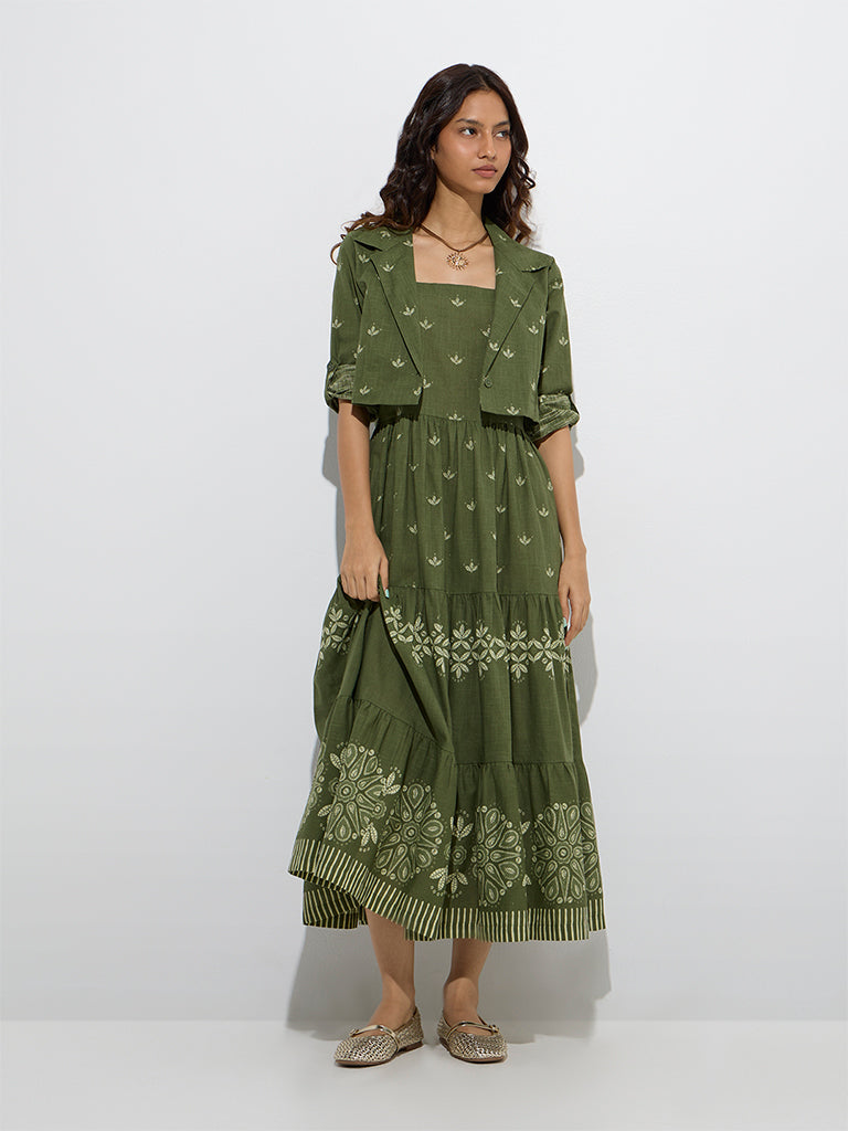 Westside Bombay Paisley Women's Olive Floral Cotton Tiered Dress with Jacket for Everyday Front View