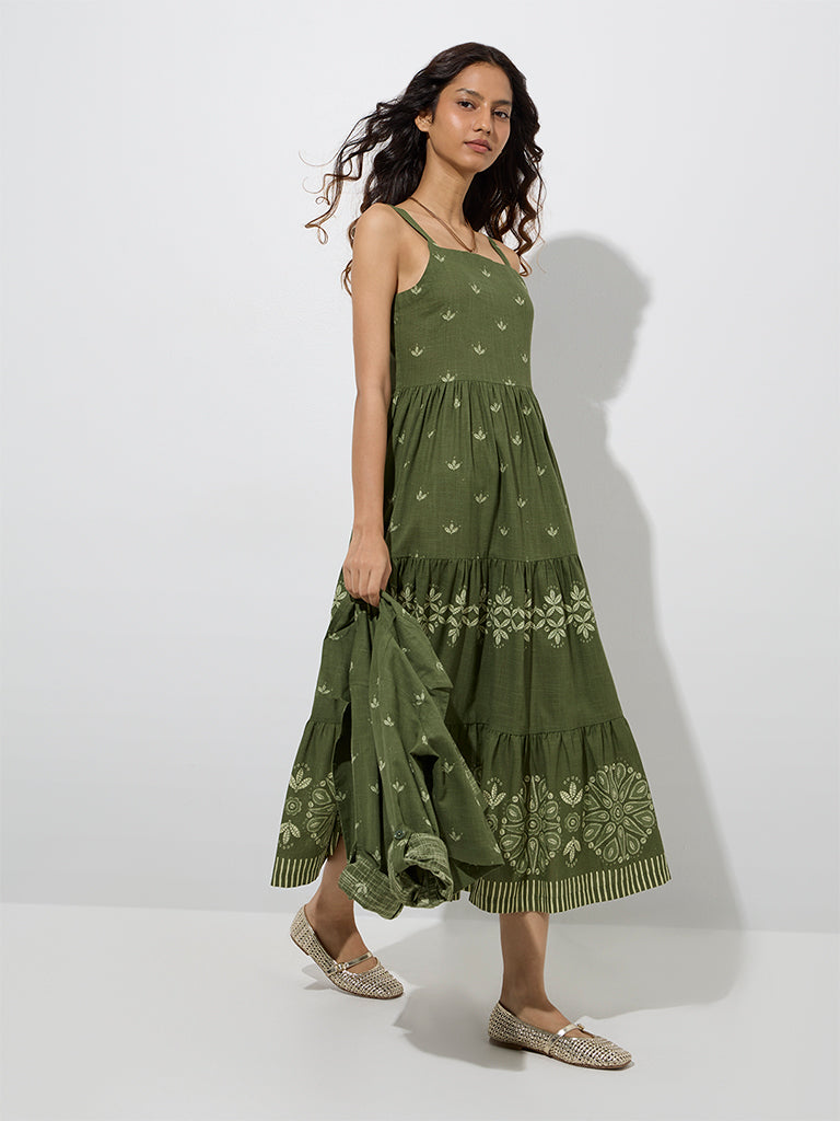 Westside Bombay Paisley Women's Olive Floral Cotton Tiered Dress with Jacket for Everyday Full Model View
