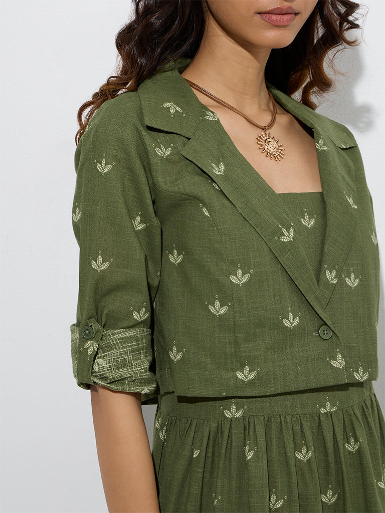 Westside Bombay Paisley Women's Olive Floral Cotton Tiered Dress with Jacket for Everyday Zoom View