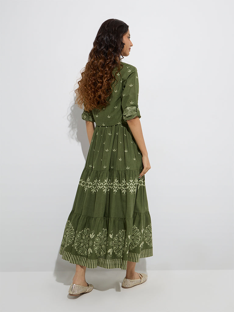 Westside Bombay Paisley Women's Olive Floral Cotton Tiered Dress with Jacket for Everyday Back View
