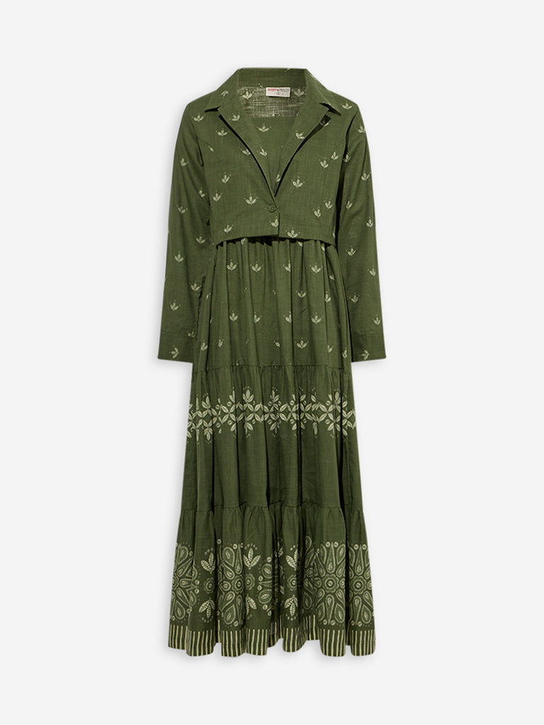 Westside Bombay Paisley Women's Olive Floral Cotton Tiered Dress with Jacket for Everyday Flatly View
