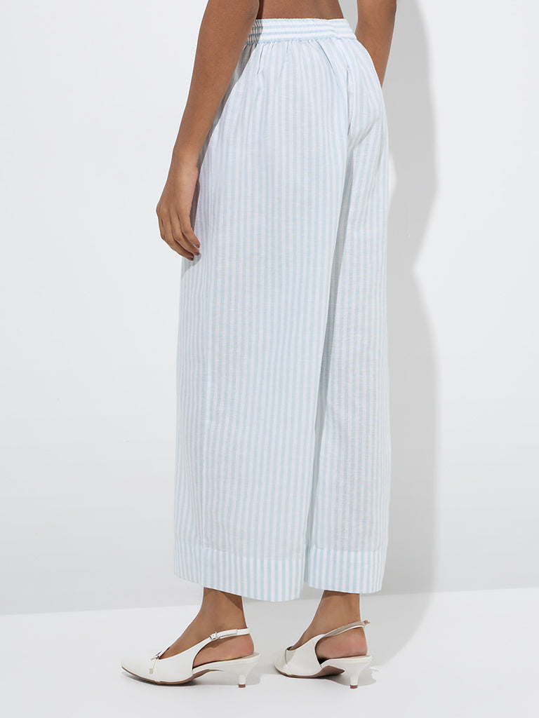 Westside Zuba Women's Light Blue Striped Cotton-Blend Ethnic Pants for Work Wear Back View