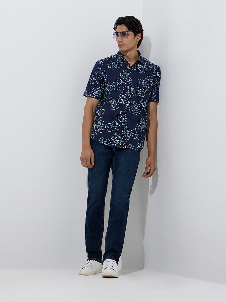 Buy WES Casuals Navy Floral Pattern Relaxed-Fit Cotton Shirt from