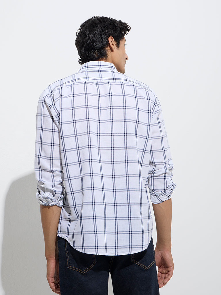 Westside WES Casuals Men's White Checkered Relaxed-Fit Linen-Blend Shirt for Casual Wear Back View